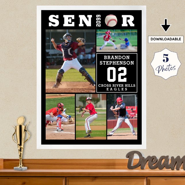 Baseball Senior Graduation 5 Photo Collage Poster (Creator Uploaded)