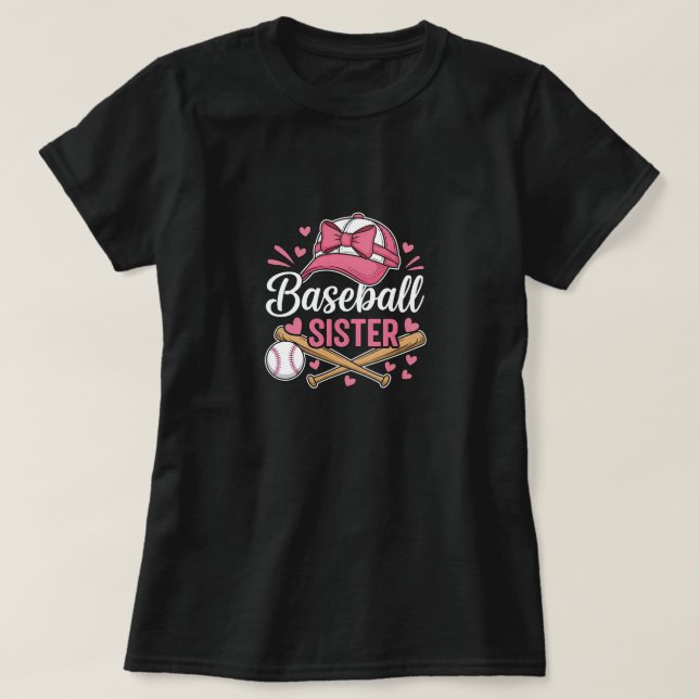Baseball Sister Pink Bow T-Shirt (Design Front)