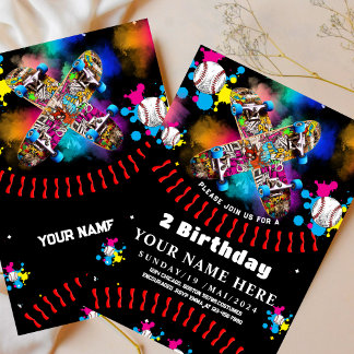 Baseball skateboard graffiti colourful party Black Invitation