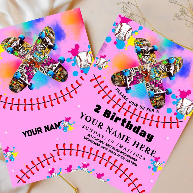 Baseball skateboard graffiti colourful party pink invitation (Creator Uploaded)