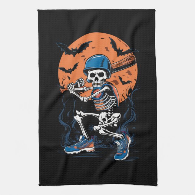 Baseball Skeleton Halloween Baseball Halloween Tea Towel (Vertical)