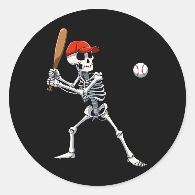 Baseball Skeleton Halloween Skeleton Playing Baseb Classic Round Sticker (Front)
