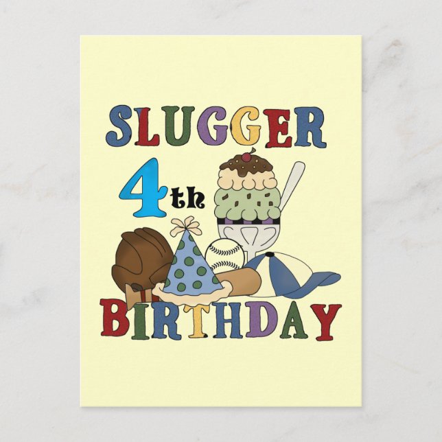 Baseball Slugger 4th Birthday Postcard (Front)