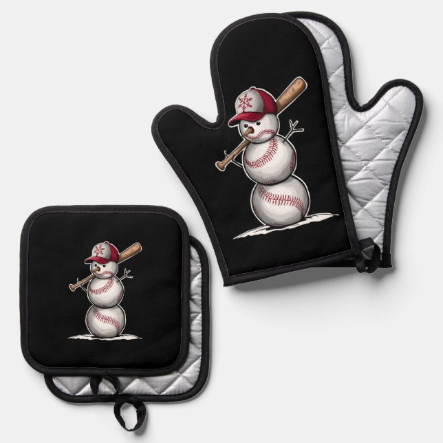 Baseball Snowman Balls Snow Christmas Xmas Gifts Oven Mitt & Pot Holder Set (Front/Back)