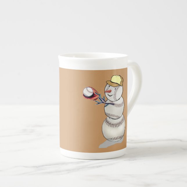 Baseball Snowman Bone China Mug (Front Right)