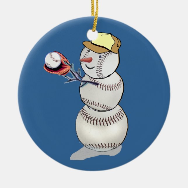 Baseball Snowman Ceramic Ornament (Front)