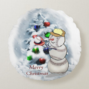Baseball Snowman Christmas Round Cushion