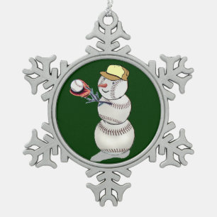 Baseball Snowman Snowflake Pewter Christmas Ornament