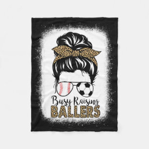 Baseball Soccer Mum Messy Bun Leopard Busy Raising Fleece Blanket