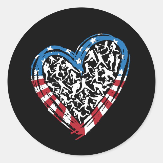 Baseball Softball - American USA Flag Heart Classic Round Sticker (Front)
