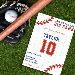 Baseball Softball Pinstripe 10th Birthday Party Invitation