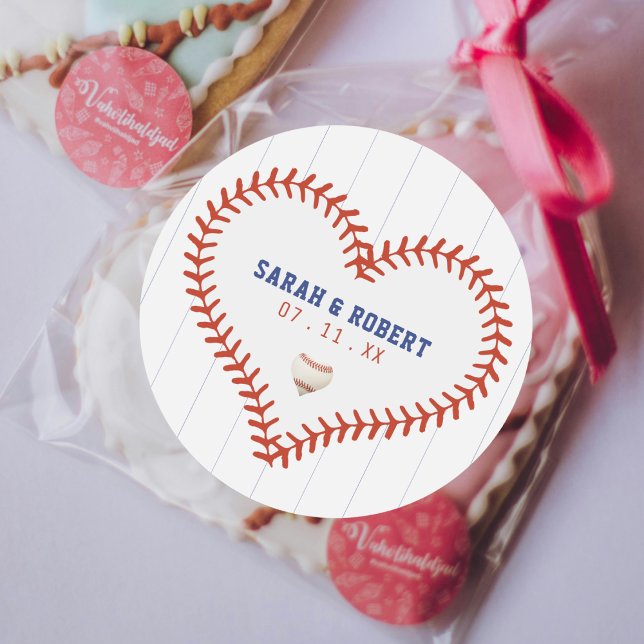 Baseball Softball Sport Heart Pinstripe Wedding Classic Round Sticker (Baseball Softball Sport Heart Pinstripe Wedding Classic Round Sticker)