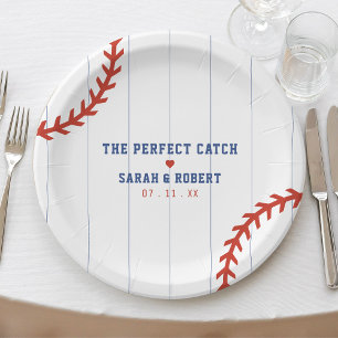 Baseball Softball Sport Heart Pinstripe Wedding Paper Plate