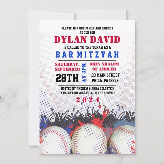 BASEBALL Splatter Bar Bat Mitzvah Invitation (Front)