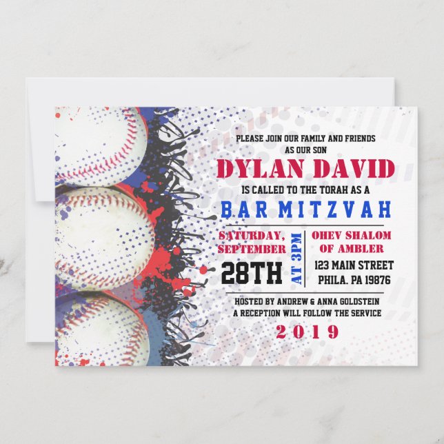 BASEBALL Splatter Bar Bat Mitzvah Invitation (Front)