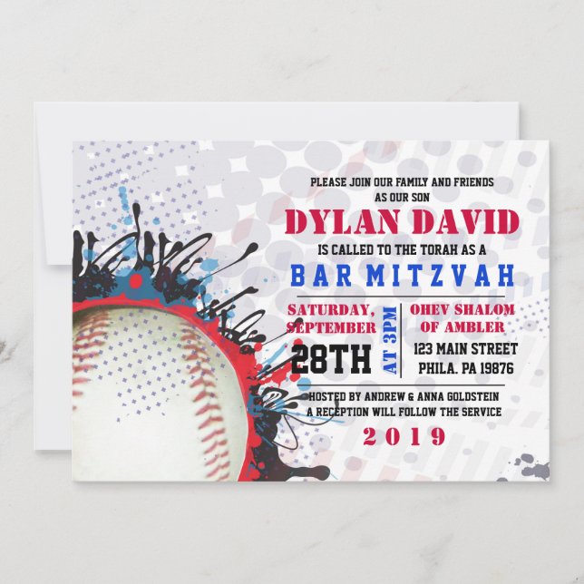 BASEBALL Splatter Bar Bat Mitzvah Invitation (Front)
