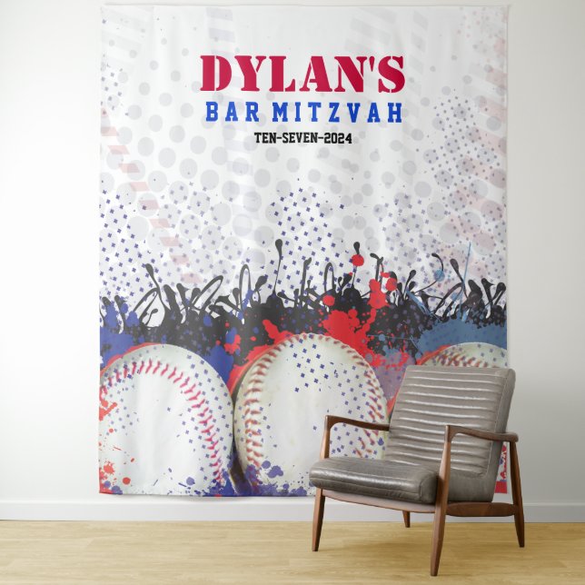 BASEBALL Splatter Bar Mitzvah Photo Op Backdrop Tapestry (In Situ)