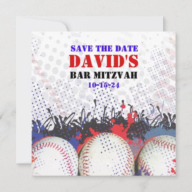 BASEBALL SPLATTER Bar Mitzvah SAVE THE DATE card (Front)