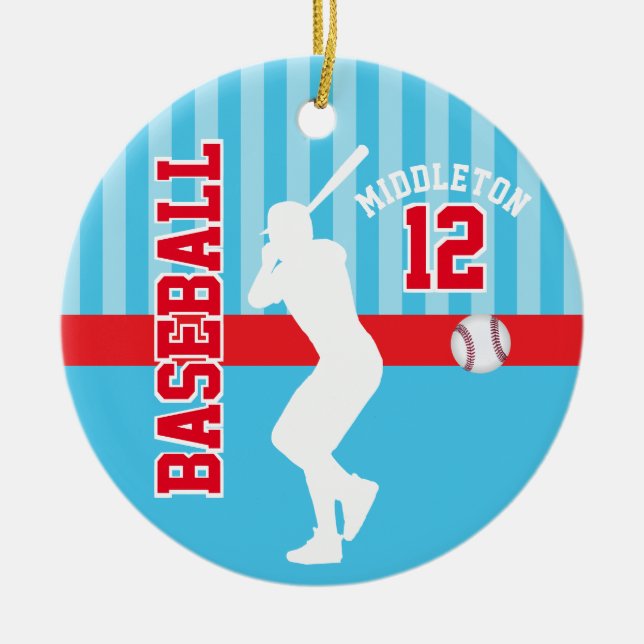Baseball Sport - Baby Blue and Red Ceramic Ornament (Front)