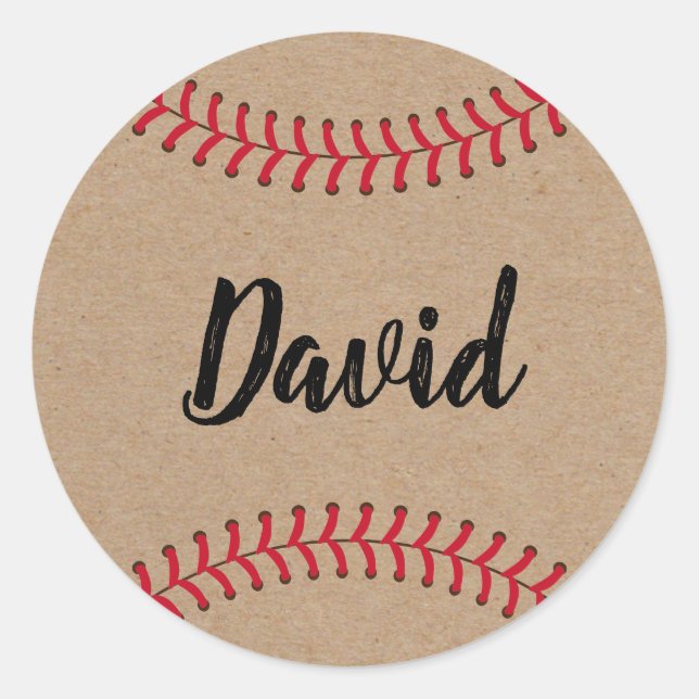 Baseball Sport Theme with Name Rustic Kraft Classic Round Sticker (Front)