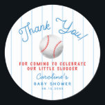 Baseball Sports Baby Shower Thank You Favour Classic Round Sticker<br><div class="desc">Cute sports theme baby shower favour sticker featuring illustrations of a baseball and bat with a typography text that says "Thank You! a little slugger is on the way."</div>