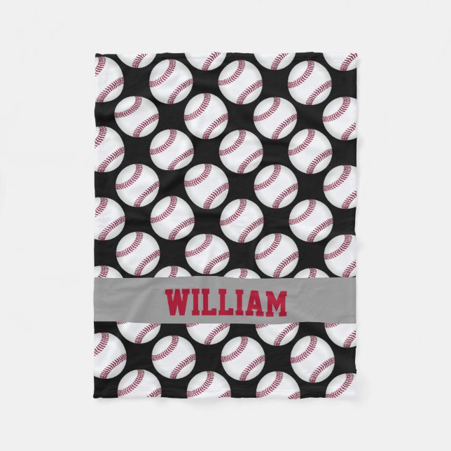 Baseball Sports Personalised Black White Red Fleece Blanket (Front)