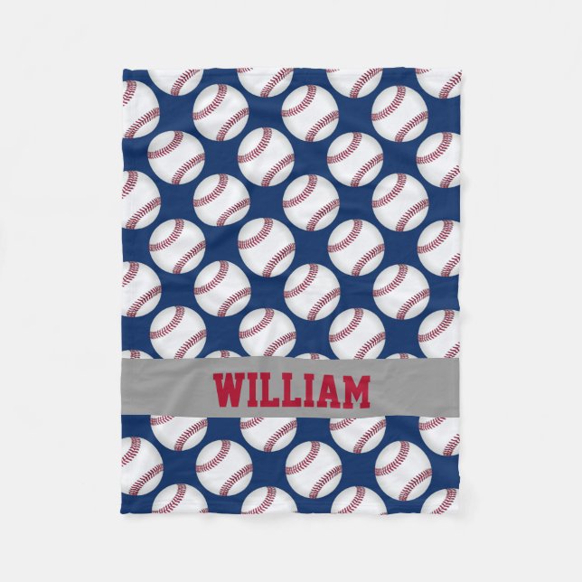 Baseball Sports Personalised Red White Blue Fleece Blanket (Front)