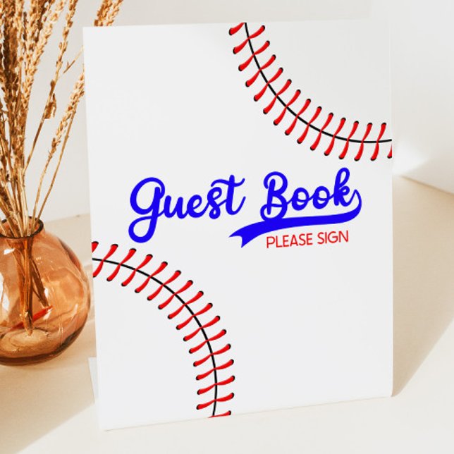 Baseball Sports Red Blue Party Guest Book Pedestal Sign (Creator Uploaded)