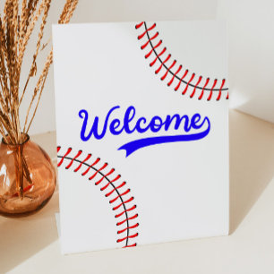 Baseball Sports Red Blue Party Welcome Table Pedestal Sign