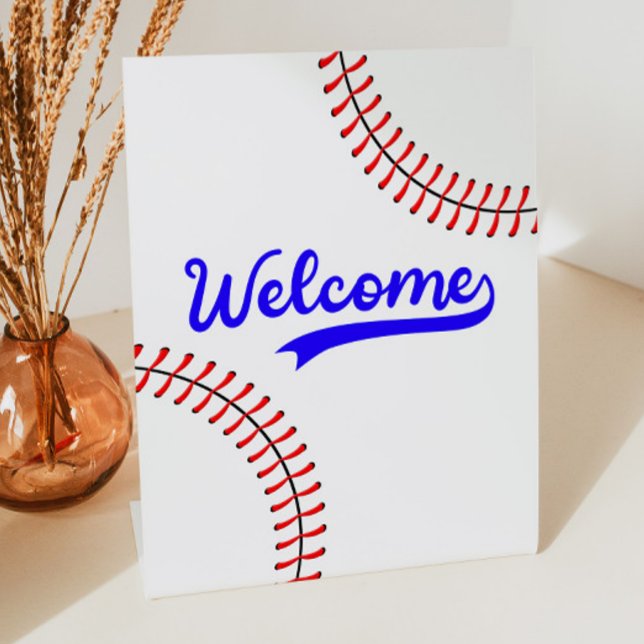 Baseball Sports Red Blue Party Welcome Table Pedestal Sign (Creator Uploaded)
