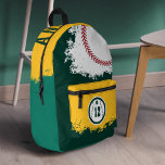 Baseball Sports Team Player Jersey Number Green Printed Backpack<br><div class="desc">Fun sport-themed personalised baseball backpack. The design features a baseball graphic with a customisable player jersey number on the front pocket. Large baseball with reed stitches and name displayed boldly along the top. A fun personalised backpack design for baseball sports lovers and baseball players. Design by Moodthology Papery</div>