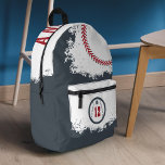 Baseball Sports Team Player Jersey Number Grey Printed Backpack<br><div class="desc">Fun sport-themed personalised baseball backpack. The design features a baseball graphic with a customisable player jersey number on the front pocket. Large baseball with reed stitches and name displayed boldly along the top. A fun personalised backpack design for baseball sports lovers and baseball players. Design by Moodthology Papery</div>