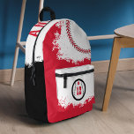 Baseball Sports Team Player Jersey Number Red Printed Backpack<br><div class="desc">Fun sport-themed personalised baseball backpack. The design features a baseball graphic with a customisable player jersey number on the front pocket. Large baseball with red stitches and name displayed boldly along the top. A fun personalised backpack design for baseball sports lovers and baseball players. Design by Moodthology Papery</div>