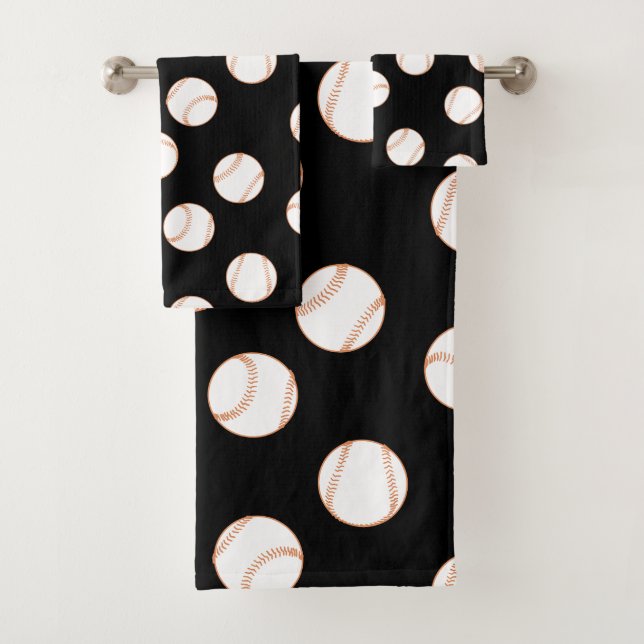 Baseball Sports White Baseballs Pattern Black BG Bath Towel Set (Insitu)