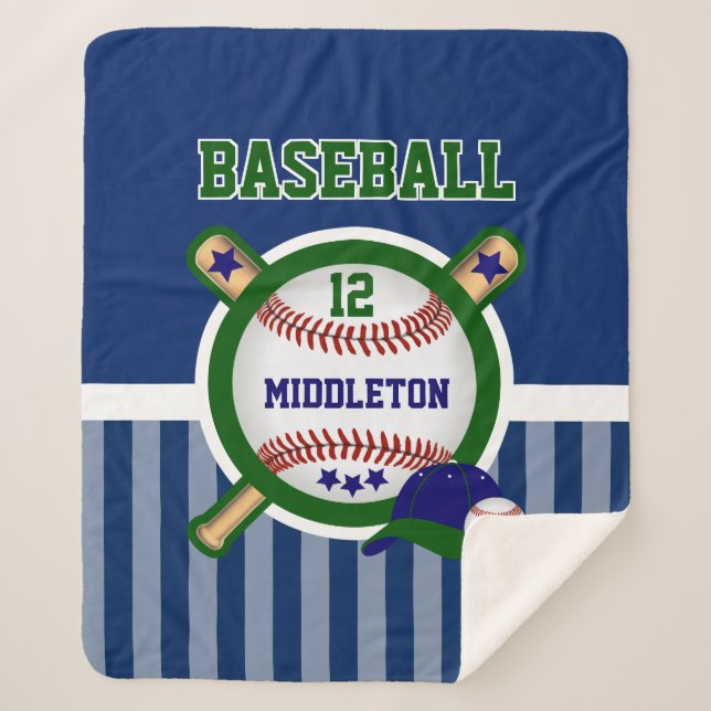 Baseball Star in Dark Blue and Green Sherpa Blanket (Front)