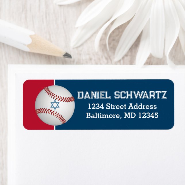 Baseball, Star of David Bar Mitzvah Return Address Label (Insitu)