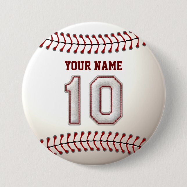 Baseball Stitches Player Number 10 and Custom Name 7.5 Cm Round Badge (Front)