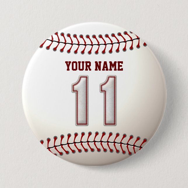 Baseball Stitches Player Number 11 and Custom Name 7.5 Cm Round Badge (Front)