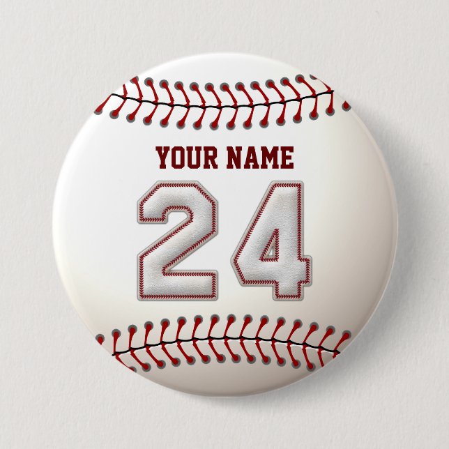 Baseball Stitches Player Number 24 and Custom Name 7.5 Cm Round Badge (Front)