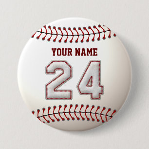 Baseball Stitches Player Number 24 and Custom Name 7.5 Cm Round Badge