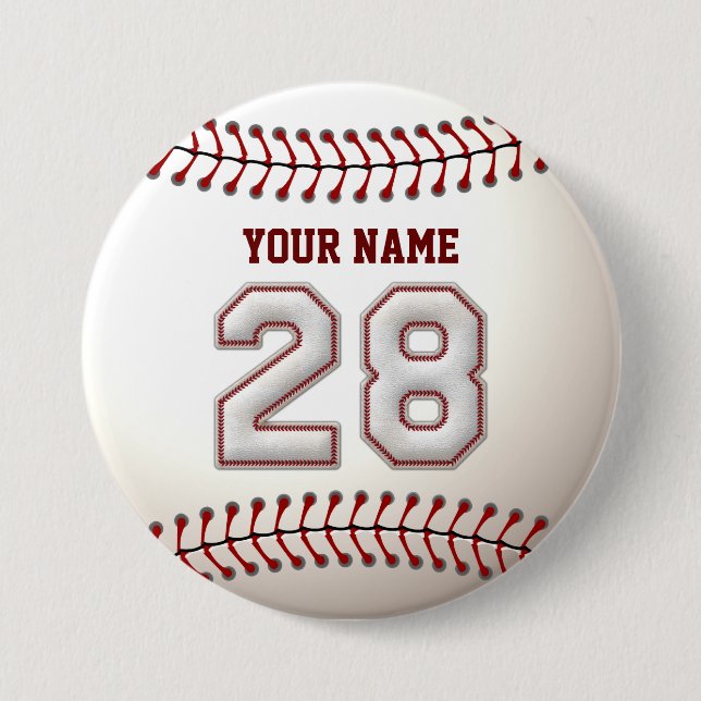 Baseball Stitches Player Number 28 and Custom Name 7.5 Cm Round Badge (Front)