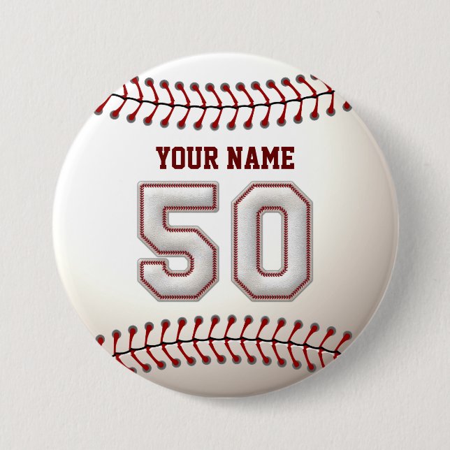 Baseball Stitches Player Number 50 and Custom Name 7.5 Cm Round Badge (Front)