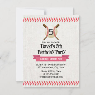 Baseball Stitching Sport Themed 5th Birthday Party Invitation