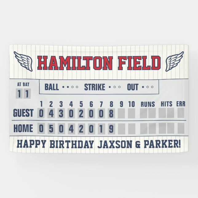 Baseball Stripes Red Navy Scoreboard Birthday Banner (Horizontal)