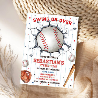 Baseball Swing On Over Boy Birthday Invitation