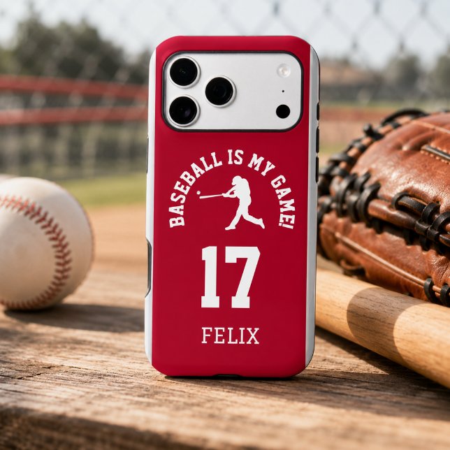 Baseball Team Jersey Number Style (Baseball jersey phone case with player number and name on a baseball field scene)