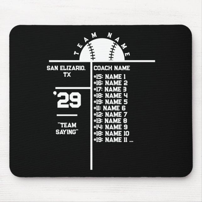 Baseball Team Roster Custom Player Names Coach T S Mouse Pad (Front)