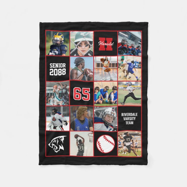 Baseball Team Senior Night Custom Photo Black Red Fleece Blanket (Front)