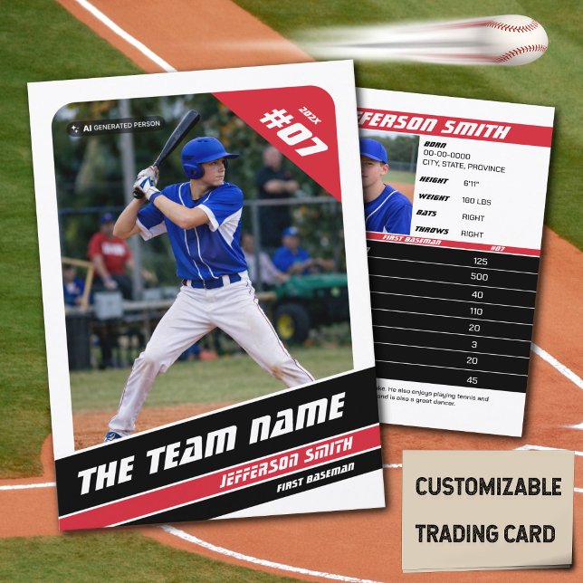 Baseball Team Trading Card Gift Red White (Baseball Player Trading Card in White with Custom Team Name and White Red Elements)