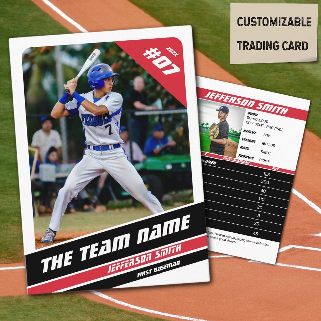 Baseball Team Trading Card Gift Red White (Baseball Player Trading Card in White with Custom Team Name and White Red Elements)